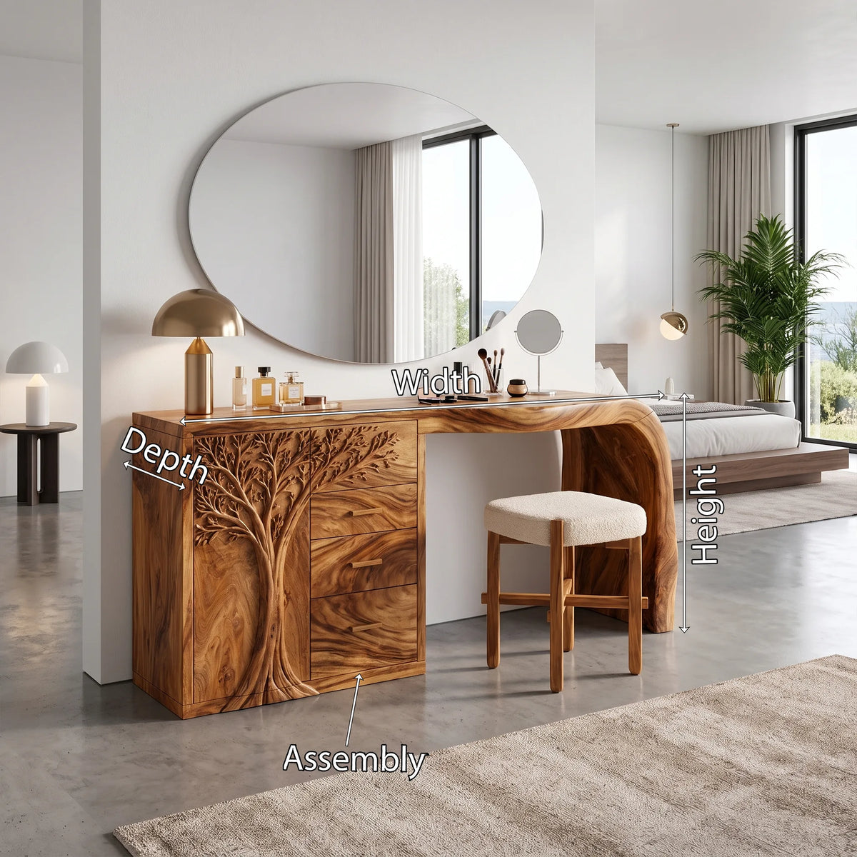 Elegant Makeup Vanity Desk Dressing Table Carved Tree Cabinet For Bedroom
