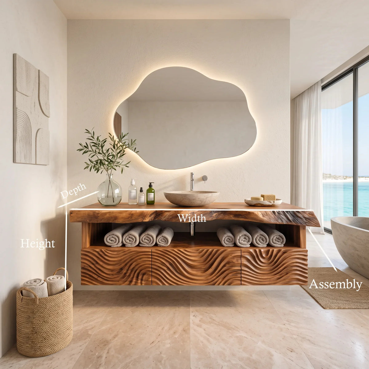 Organic Modern Floating Bathroom Vanity Wave Carved Drawers For Spa