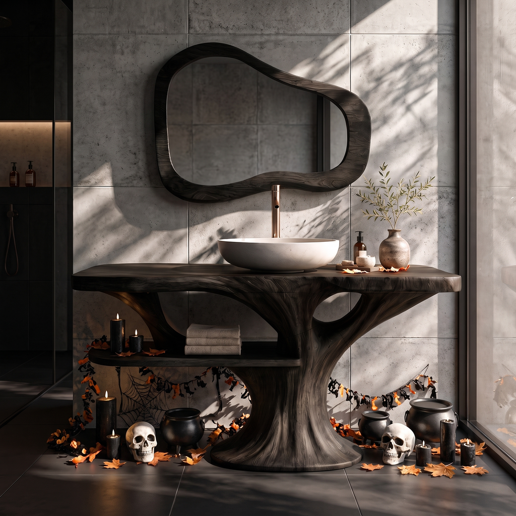 Modern Halloween Wooden Bathroom Vanity With Lower Storage Shelf For Bathroom