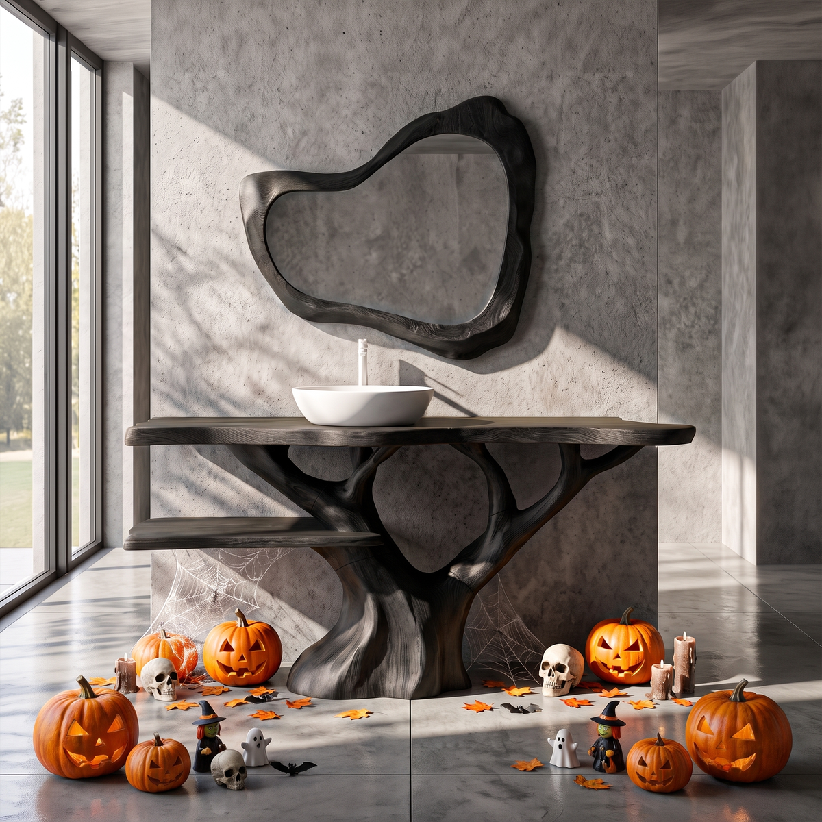 Mid Century Halloween Solid Wood Bathroom Vanity With Sculptural Tree Form For Bathroom