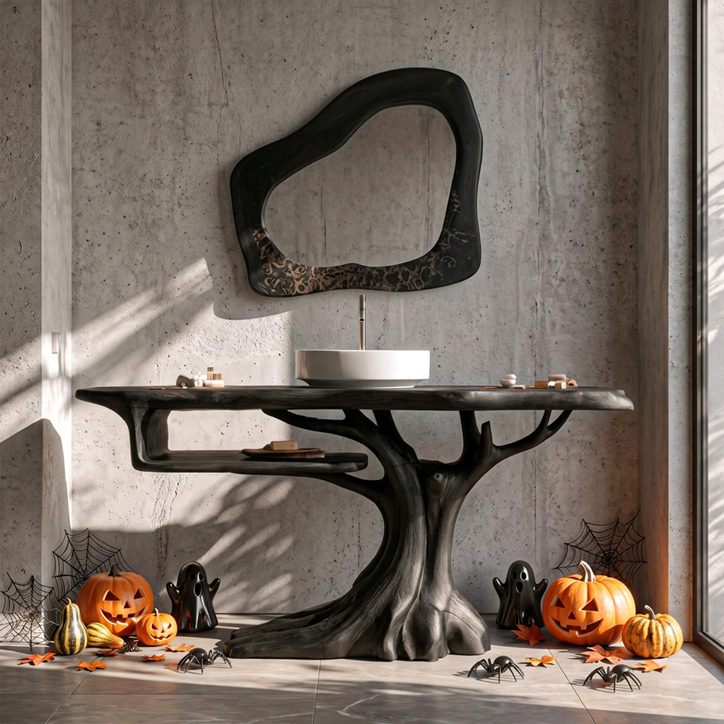 Rustic Halloween Wooden Bathroom Vanity With Branch Inspired Frame For Bathroom