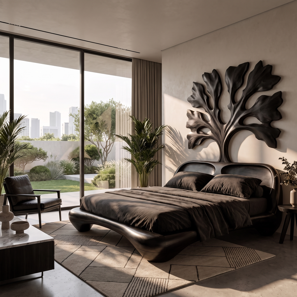 Organic Wooden Bed Frame With Artistic Tree Silhouette Headboard For Bedroom