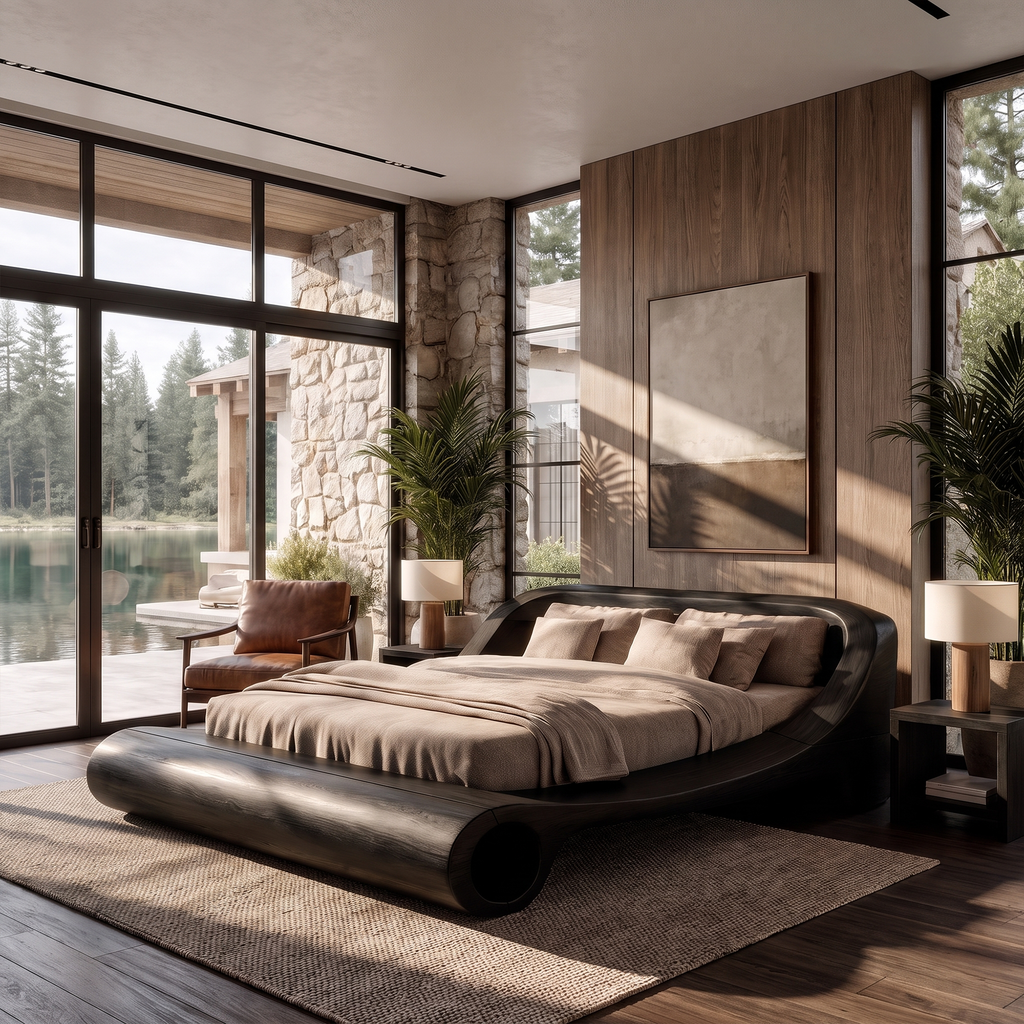 Contemporary Queen Bed Frame With Sculptural Rounded Frame For Bedroom