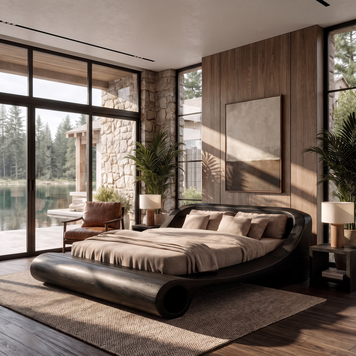 Contemporary Queen Bed Frame With Sculptural Rounded Frame For Bedroom