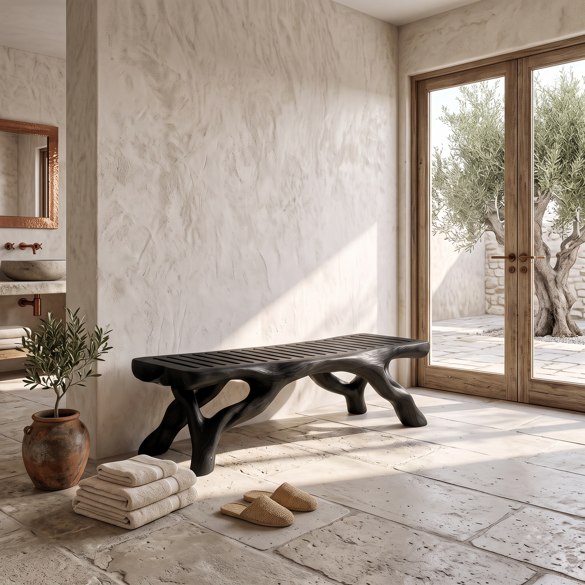 Organic Bathroom Bench With Branch Inspired Sculptural Legs For Bathroom