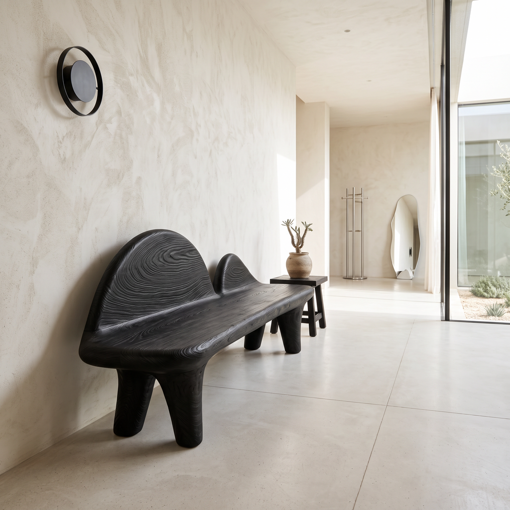 Modern Halloween Bench With Sculptural Curved Backrest For Entryway