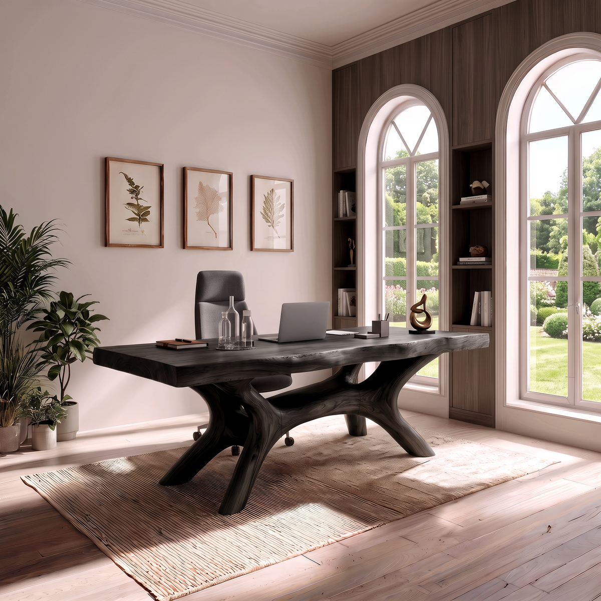 Rustic Dark Office Desk With Sculptural Arch Legs For Home Office