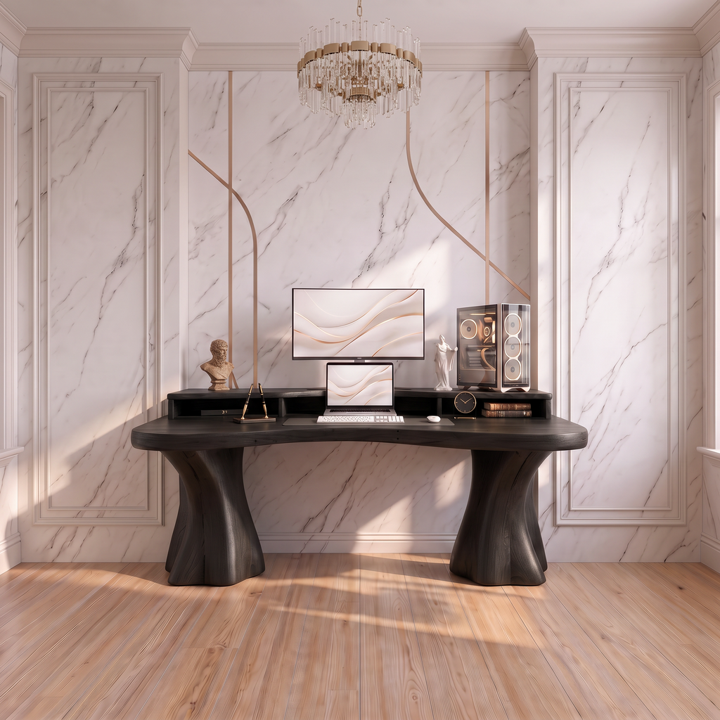 Rustic Solid Wood Desk With Tree Trunk Inspired Legs For Home Office