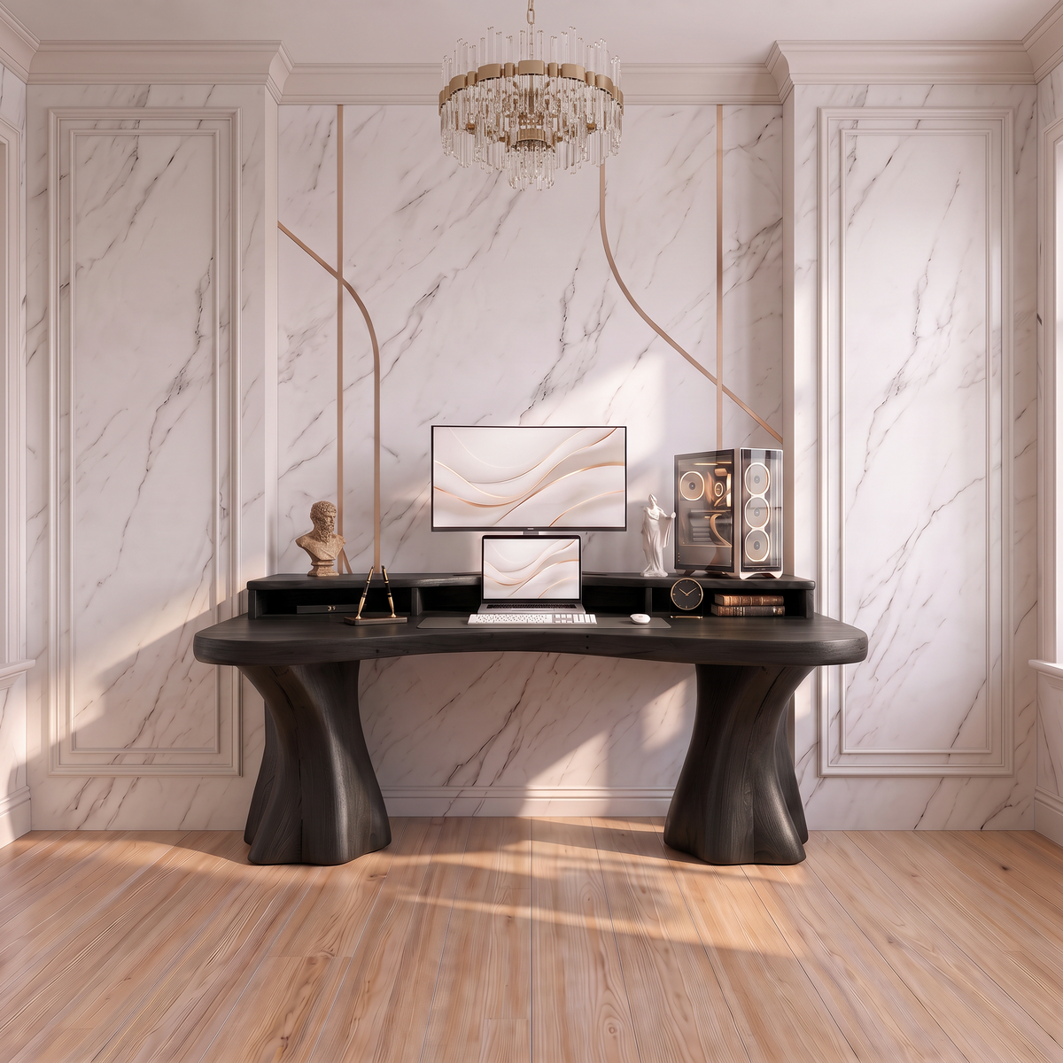 Rustic Solid Wood Desk With Tree Trunk Inspired Legs For Home Office