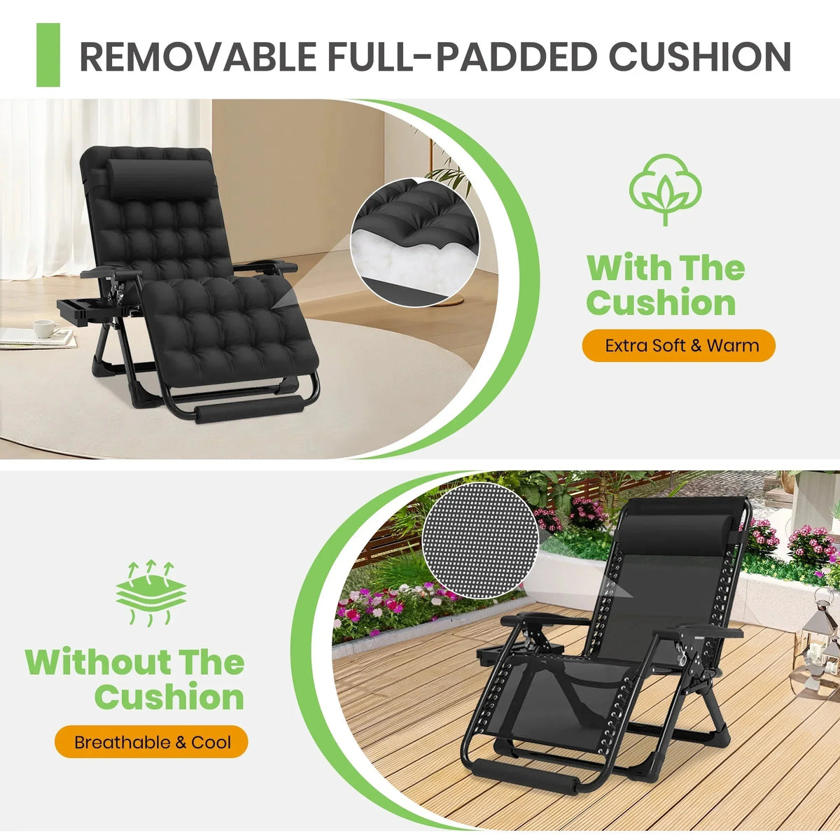 GVDV Zero Gravity Lounge Chair With Cushion And Cup Holder, 31 in D x 33 in W x 45 in H, Black