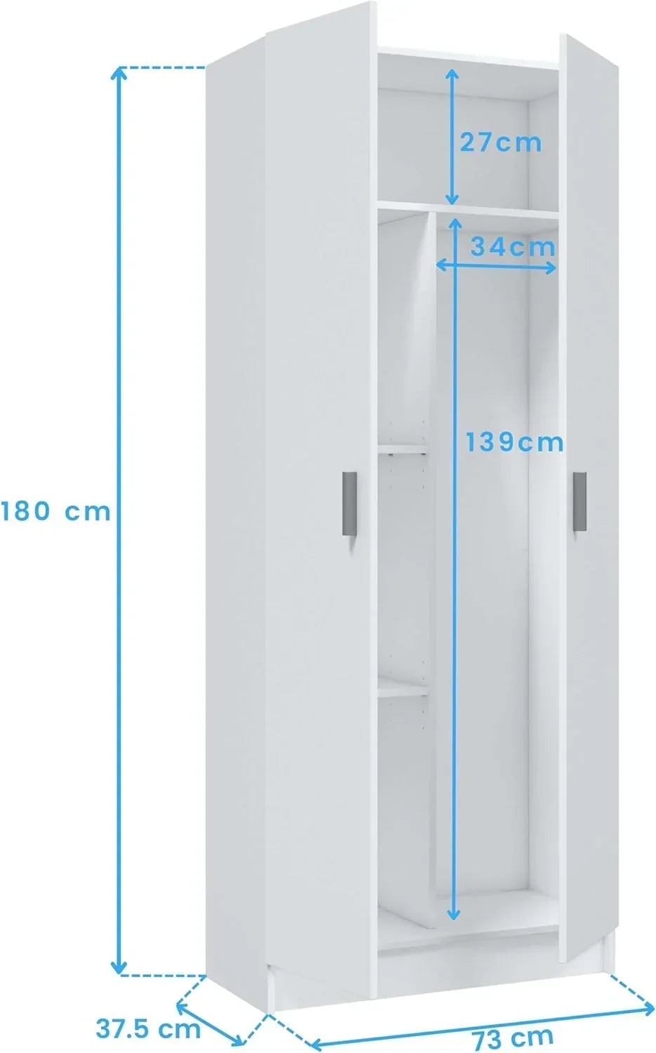 Habitdesign Multi-Purpose Broom Cabinet, 2 Doors, 3 Shelves, 180 x 73 x 37 cm, Matt White
