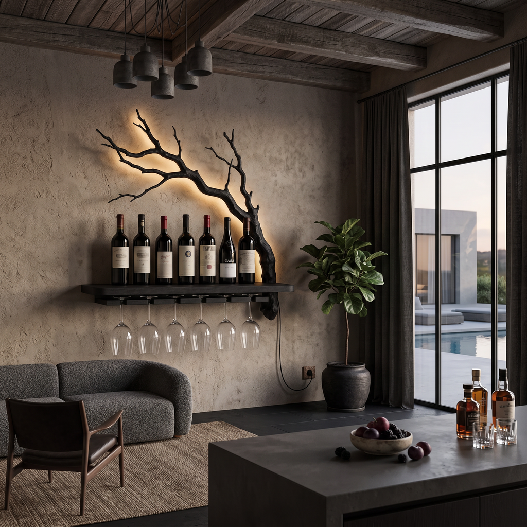 Rustic Wall Mounted Wine Rack With Wine Glass Holder For Dining Room And Home Bar