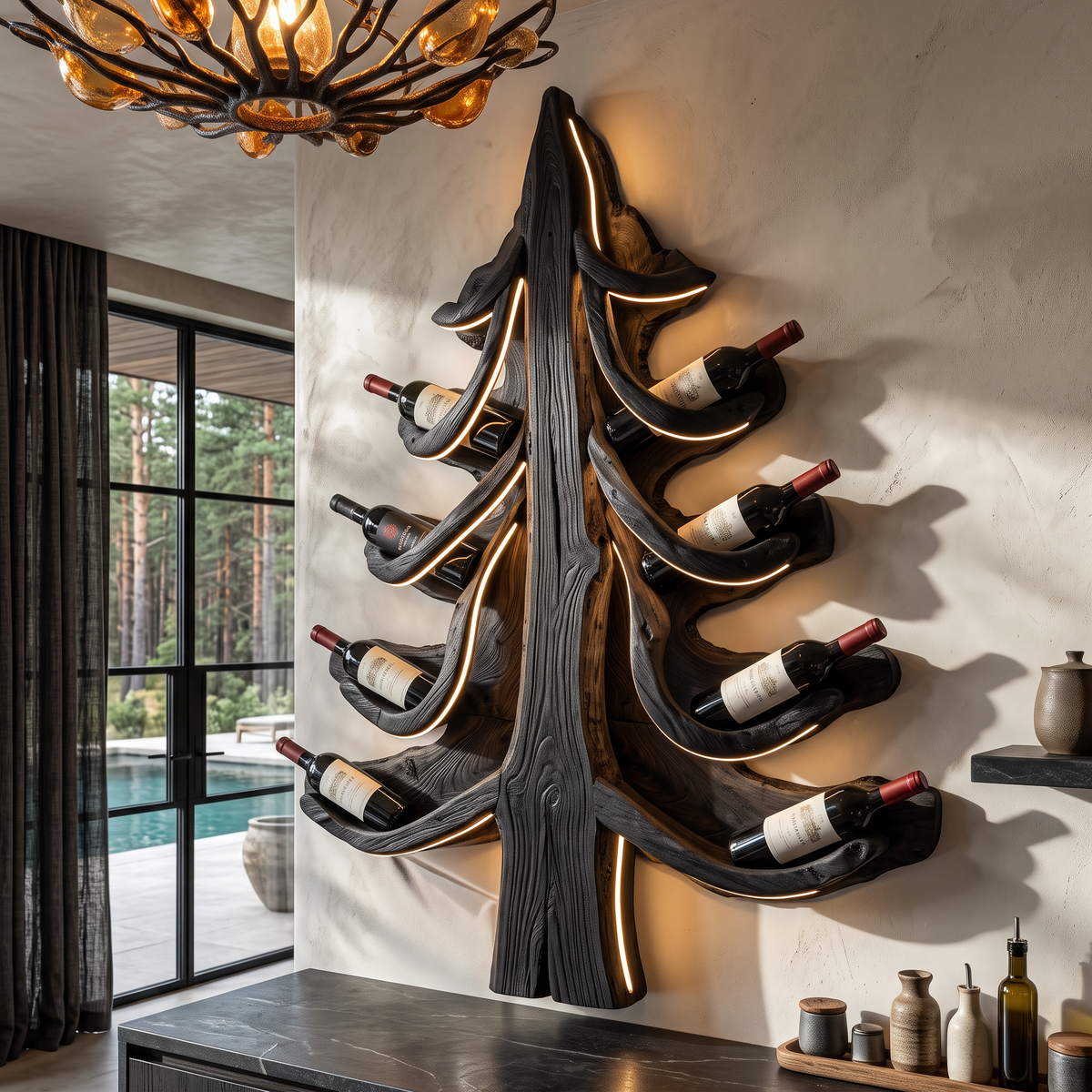 Modern Wine Display Rack With Sculptural Pine Tree Design For Home Bar
