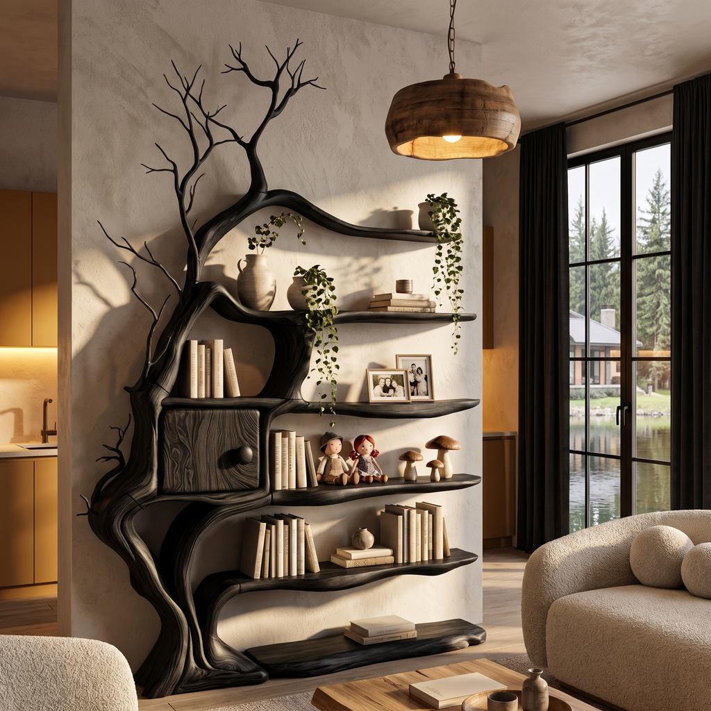 Modern Tree Bookshelf With Integrated Storage Cabinet For Living Room