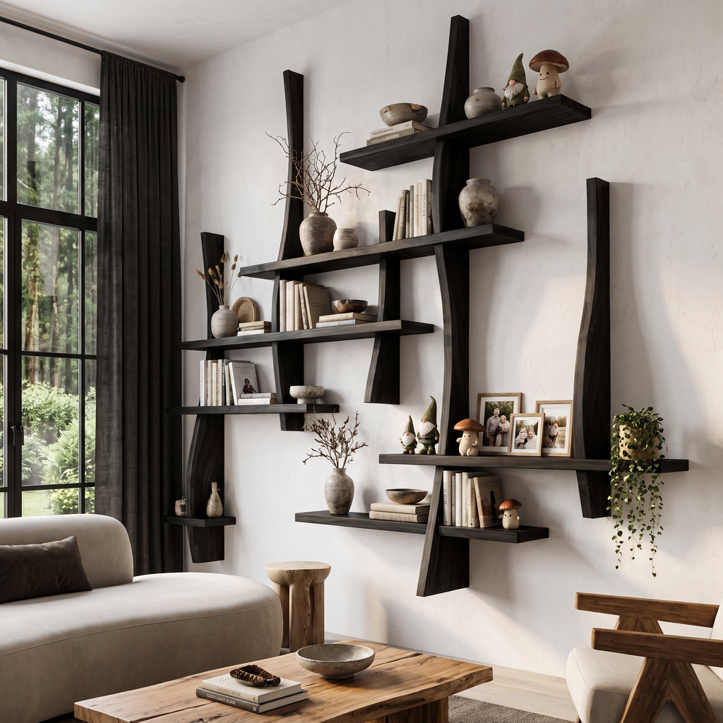 Rustic Floating Bookshelf With Layered Display Shelves For Home Library