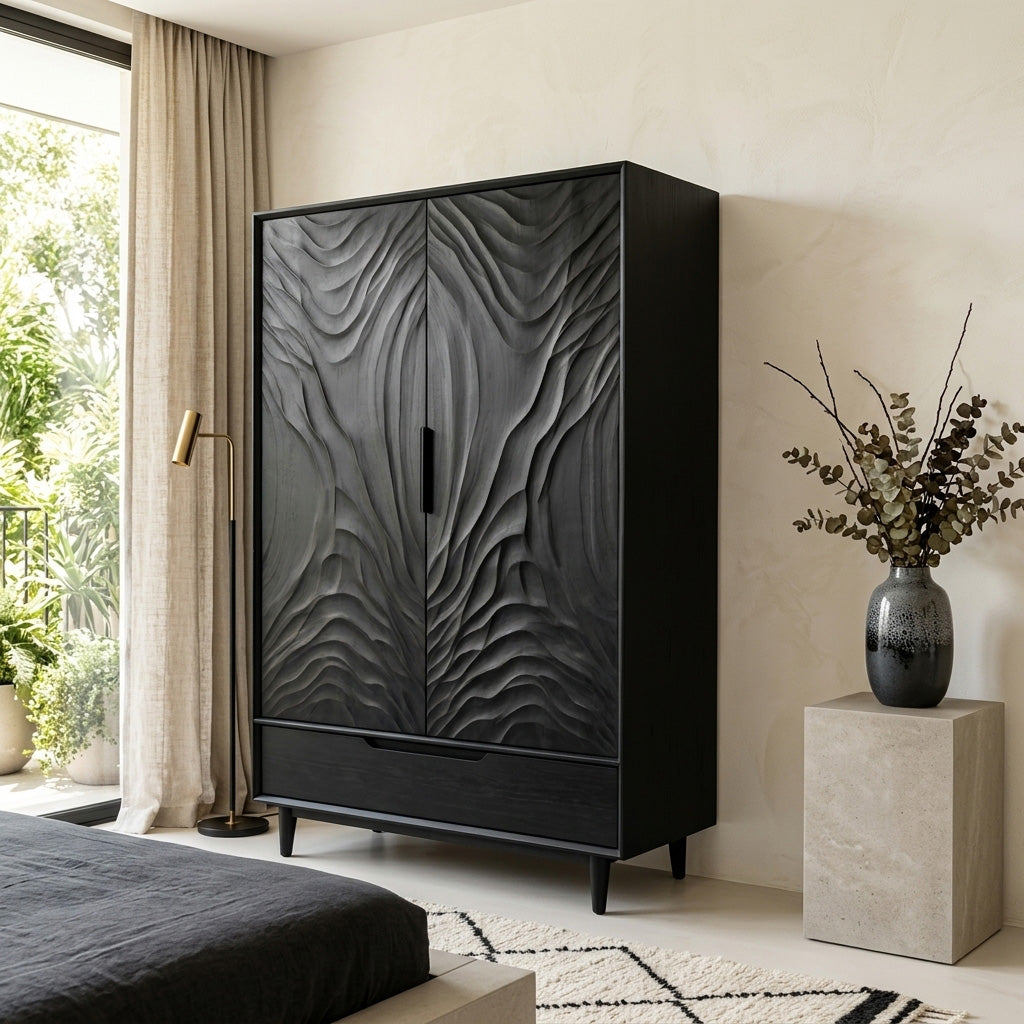 Organic Wardrobe With Carved Door For Bedroom
