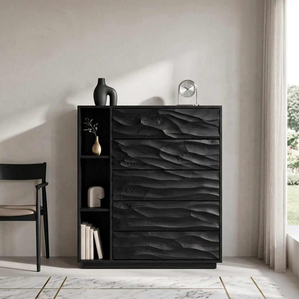 Contemporary Wave Carved Dresser With Shelves For Bedroom