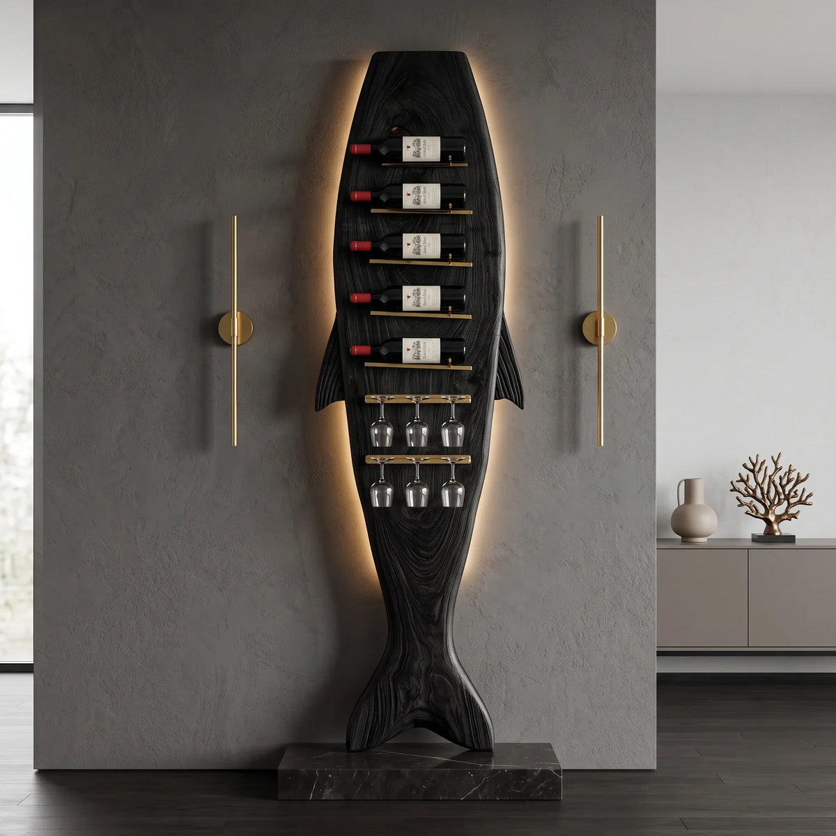Modern Sculptural Wine Rack With Glass Holder For Dining Room