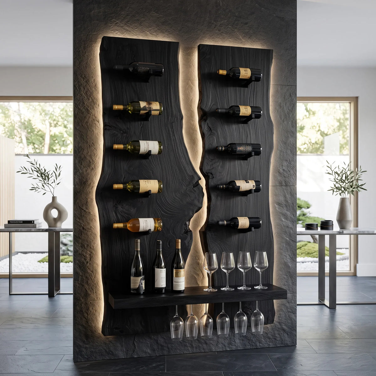 Modern Double Panel Wine Rack With Display Shelf For Home Bar