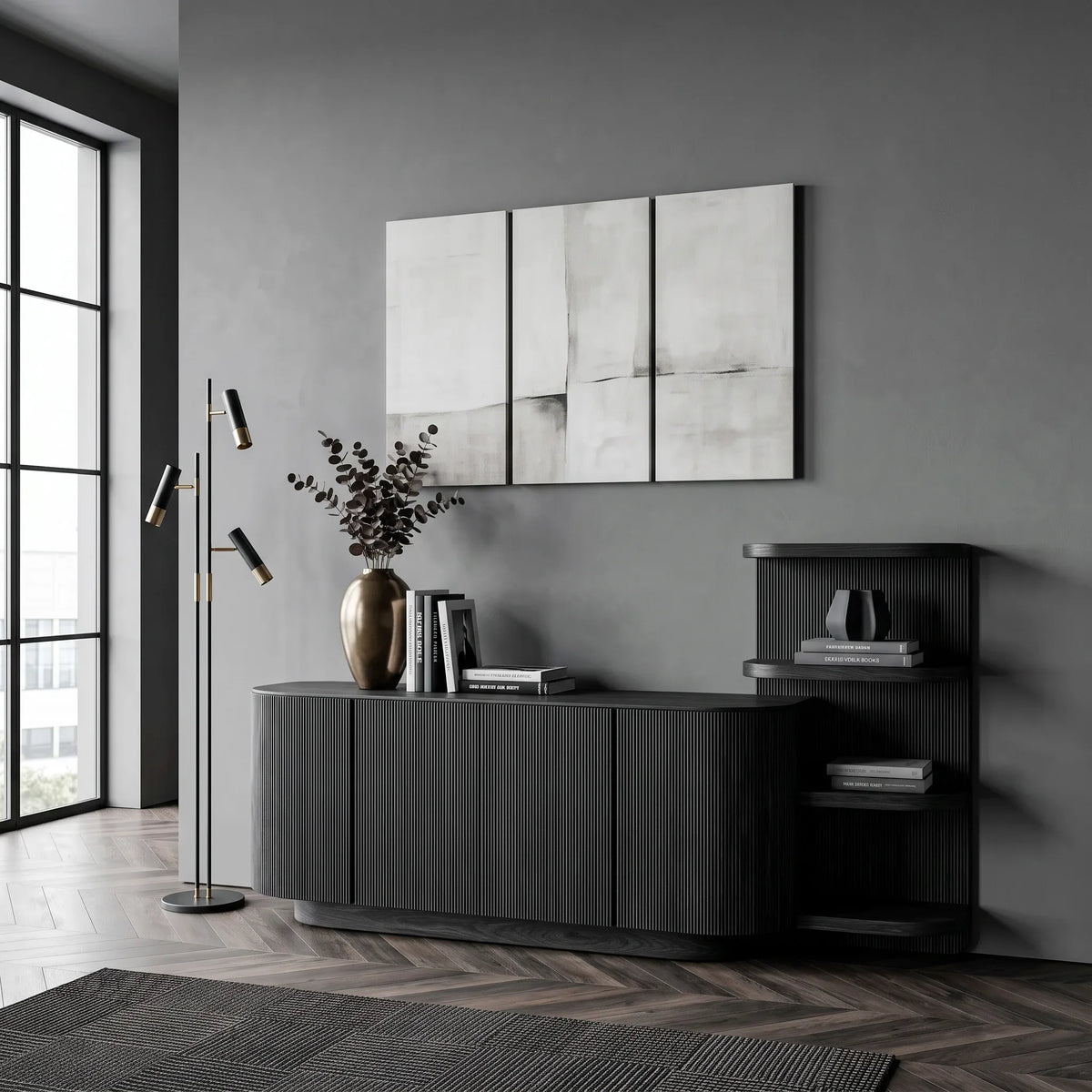 Contemporary Fluted Sideboard With Shelves For Living Room