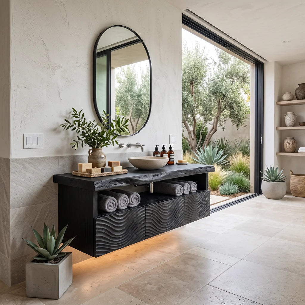 Organic Modern Floating Bathroom Vanity Wave Carved Drawers For Spa