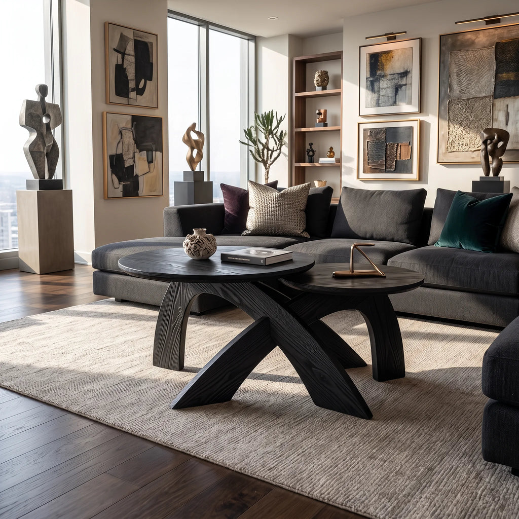 Mid Century Round Coffee Table Biophilic Living Room