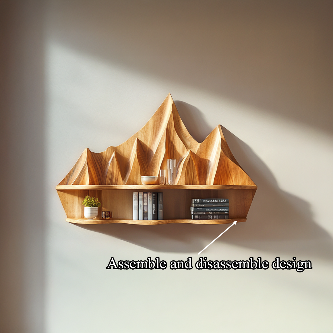 Rustic Floating Shelf With Sculptural Mountain Relief For Bedroom