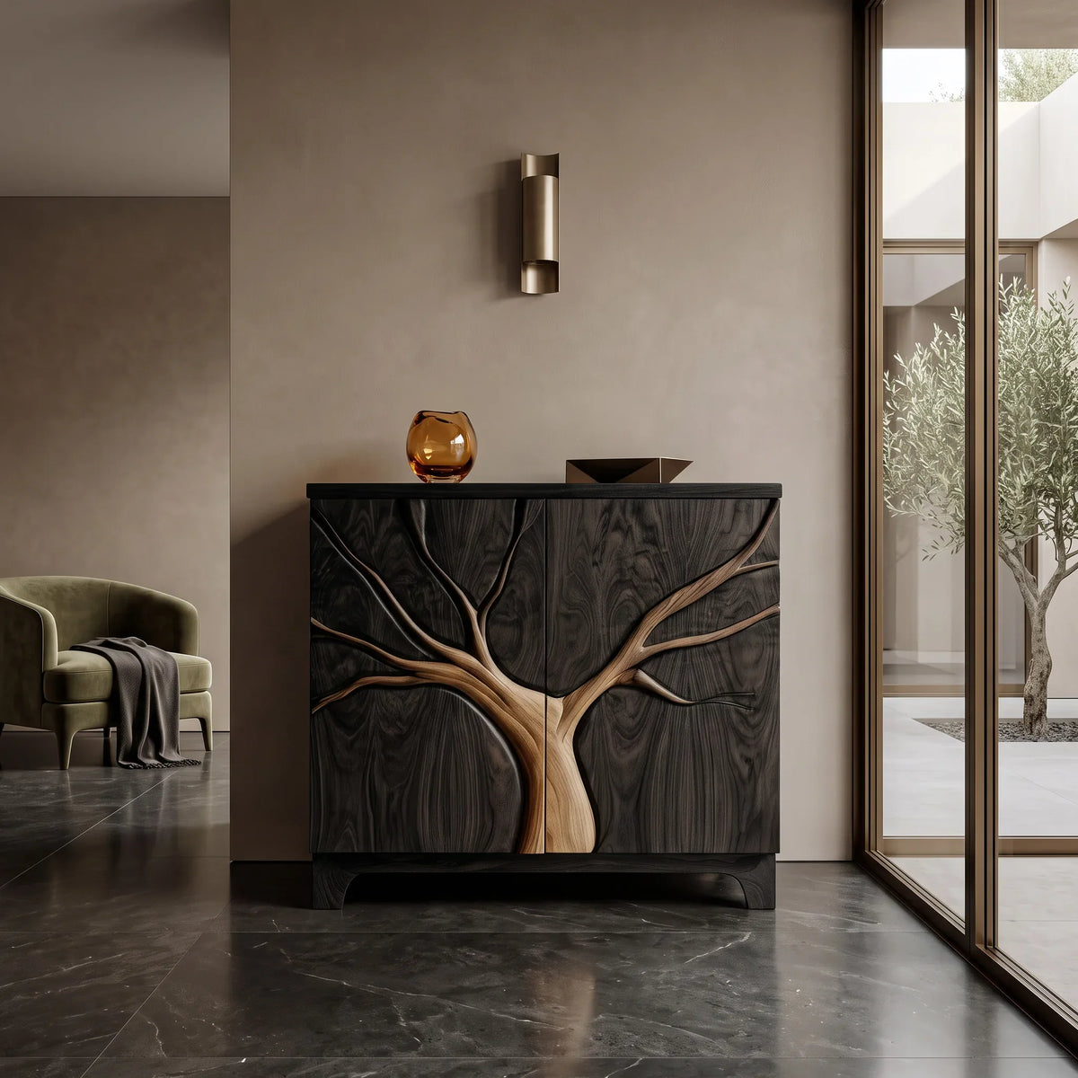 Contemporary Tree Carved Cabinet For Foyer