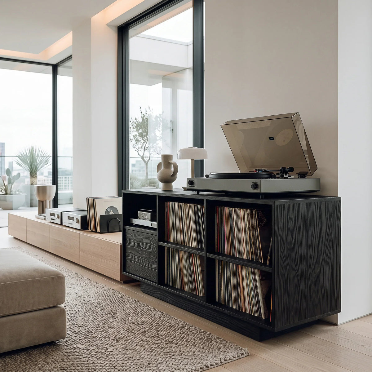 Elegant Vinyl Record Cabinet With Open Compartments For Living Room
