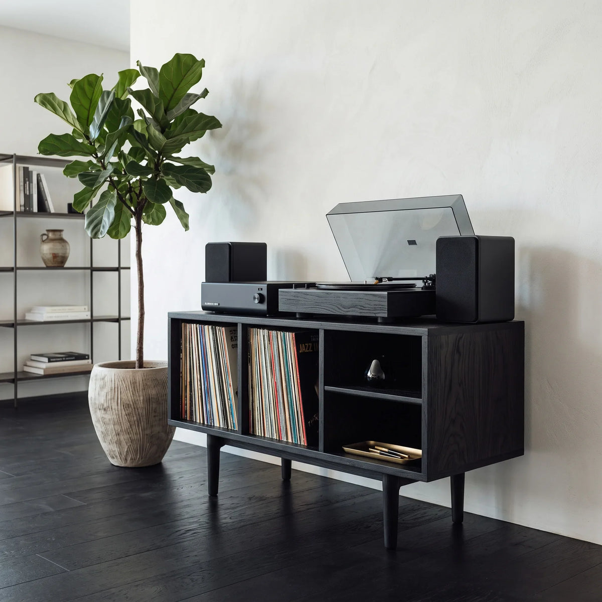 Minimalist Record Cabinet With Four Open Shelves For Interior