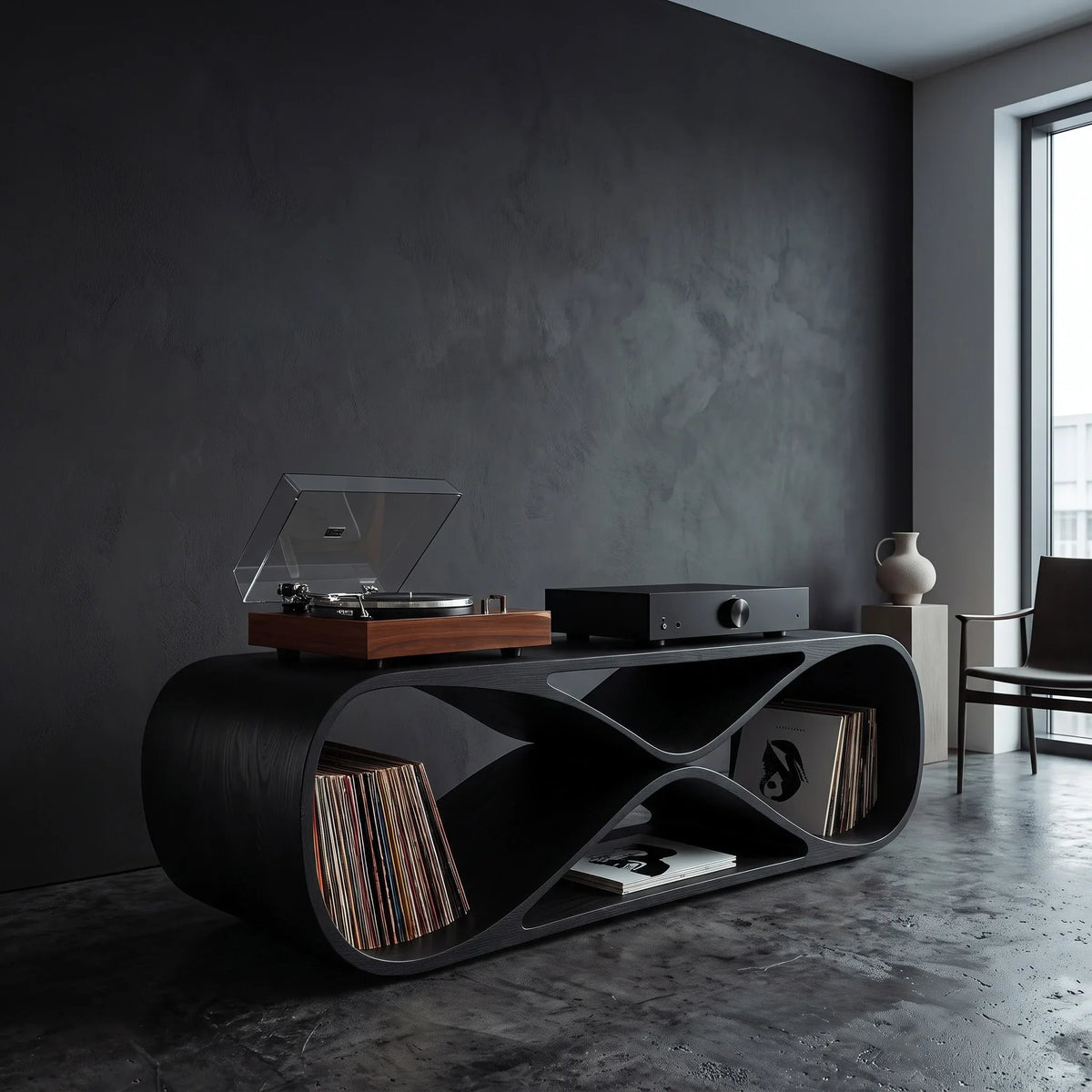 Contemporary Sculptural Wooden Record Player Console For Living Room