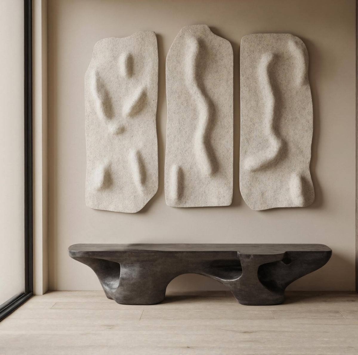 Contemporary Sculptural Bench With Carved Design For Living Room