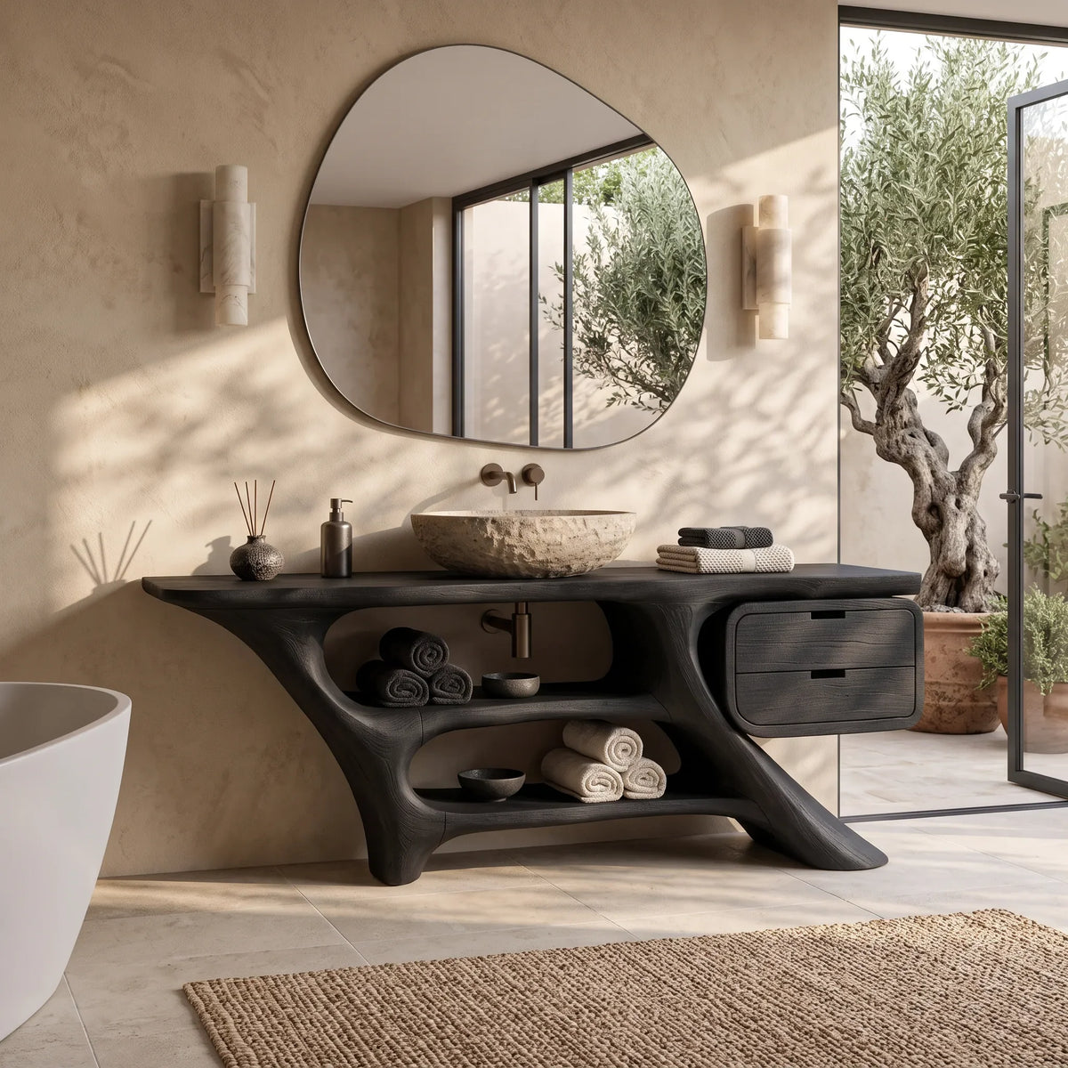 Sculptural Bathroom Vanity Flowing Shelves With Drawer For Modern Spaces