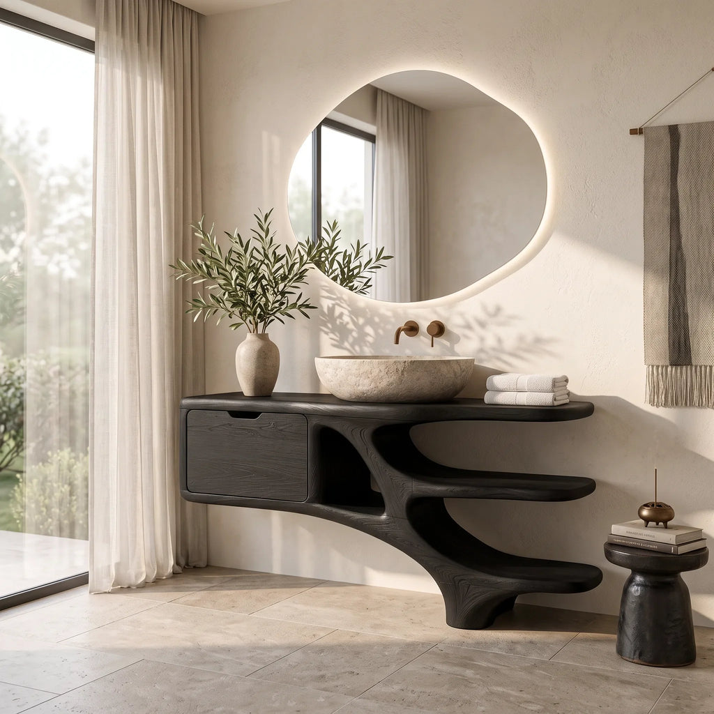 Contemporary Bathroom Vanity Curved Shelves With Cabinet For Modern Ensuite