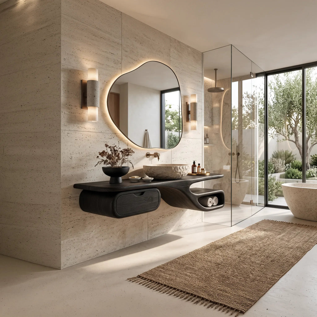 Transitional Floating Bathroom Vanity Curved Storage For Modern Bathroom