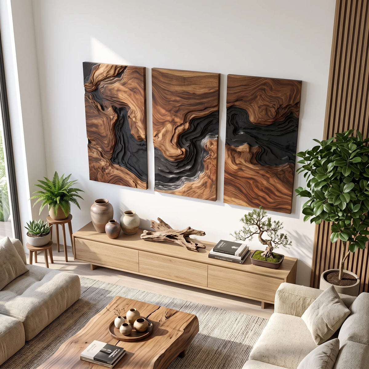 Modern Layered Wave Triptych Wood Wall Art Living Room