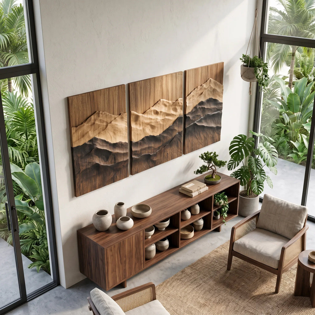 Mid Century Mountain Wood Wall Art Living Room