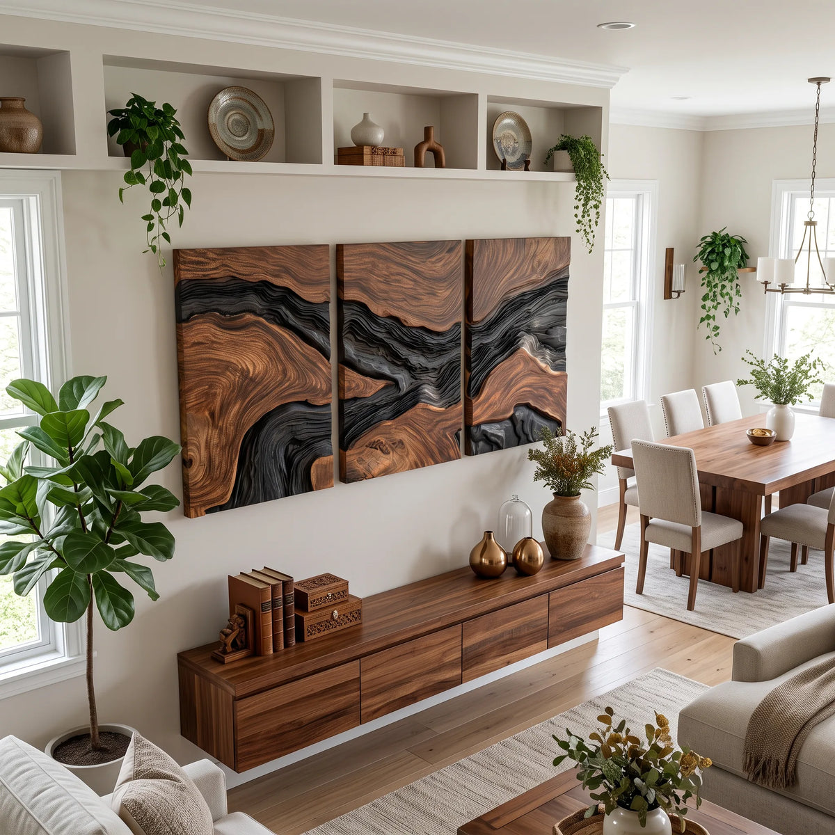 Handcrafted Mountain River Triptych Wall Art Modern Entryway
