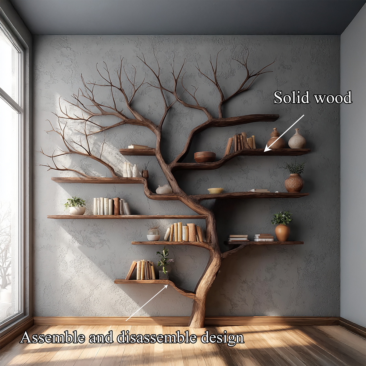 Rustic Tree Branch Bookshelf Living Wall