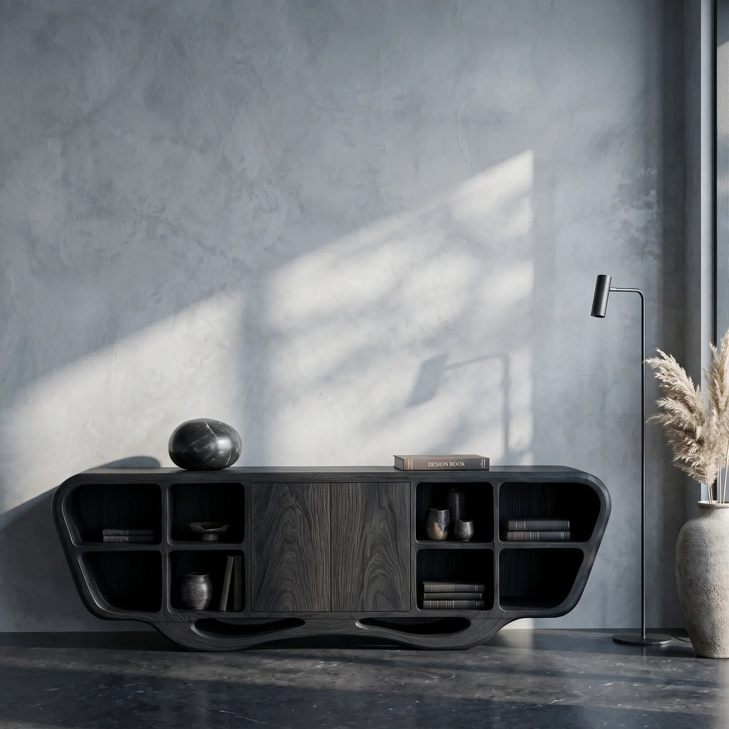 Modern Sculptural Open Shelf Sideboard For Living Room
