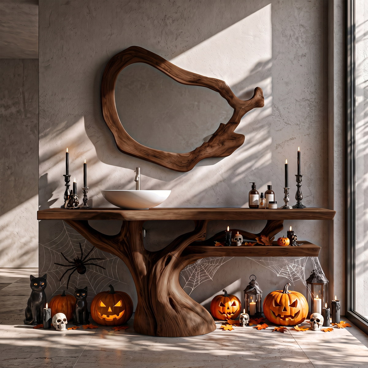Natural Halloween Solid Wood Bathroom Vanity With Flowing Tree Form For Bathroom