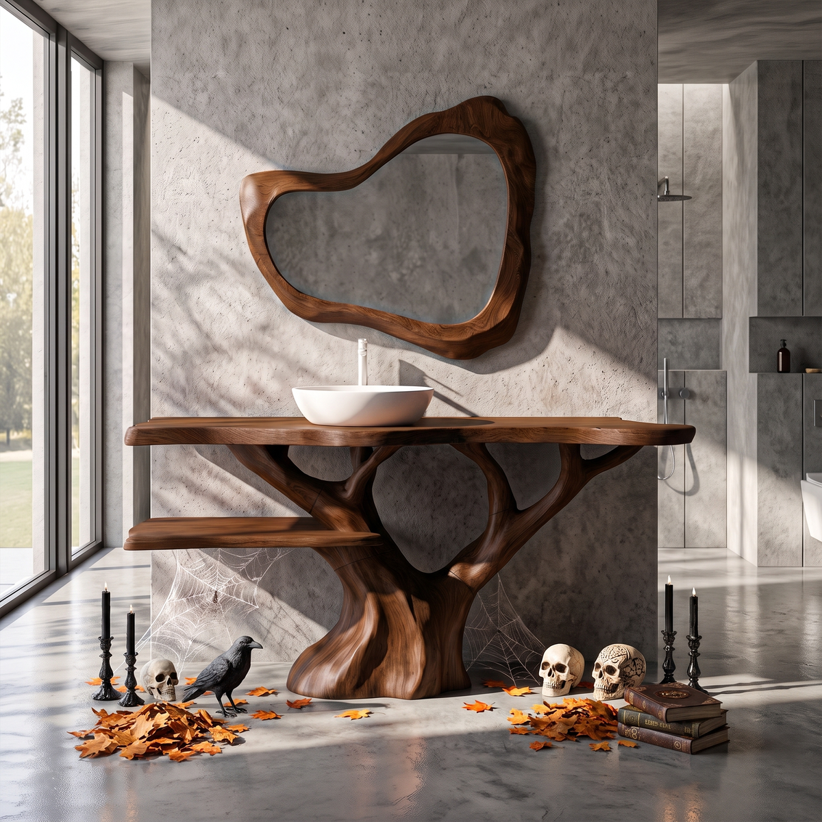 Mid Century Halloween Solid Wood Bathroom Vanity With Sculptural Tree Form For Bathroom