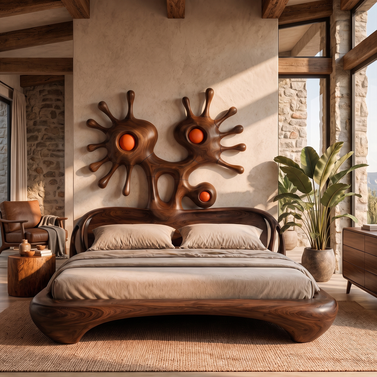 Modern Bed Frame With Sculptural Abstract Headboard For Bedroom