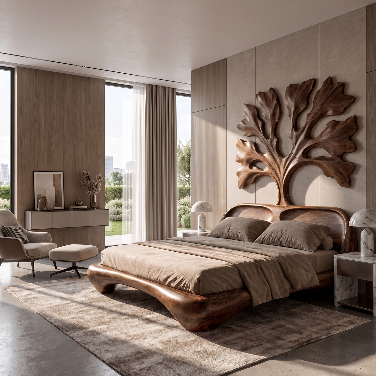 Organic Wooden Bed Frame With Artistic Tree Silhouette Headboard For Bedroom