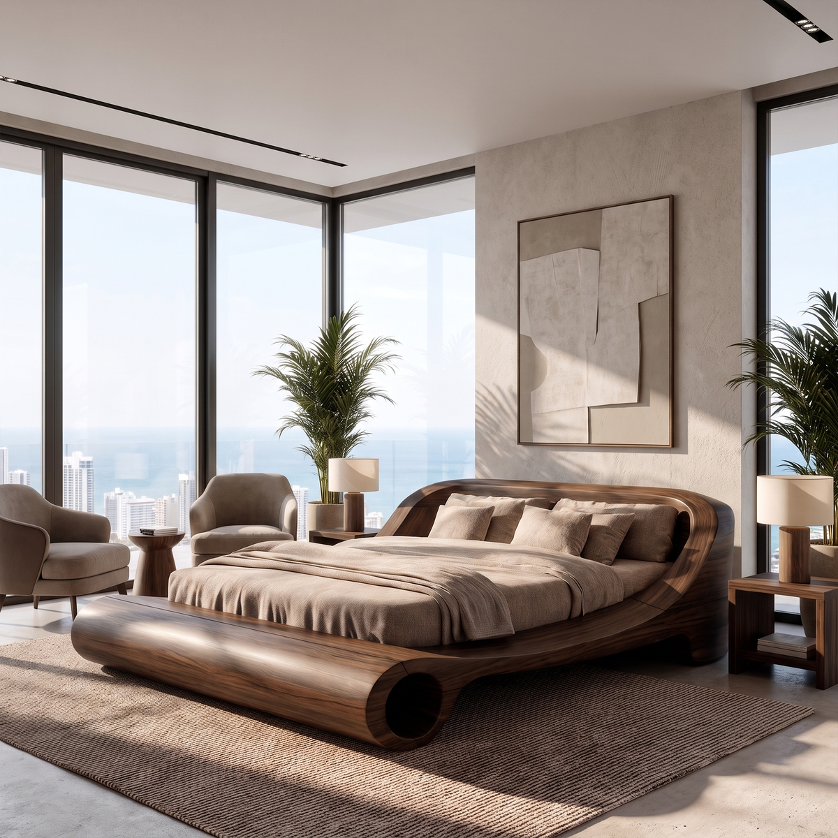 Contemporary Queen Bed Frame With Sculptural Rounded Frame For Bedroom