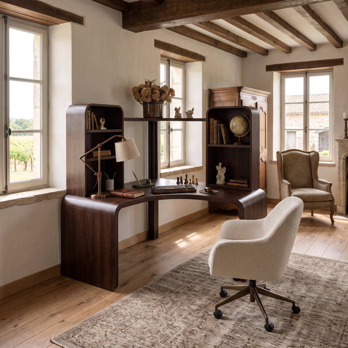 Contemporary Computer Desk With Corner Bookcase For Workspace