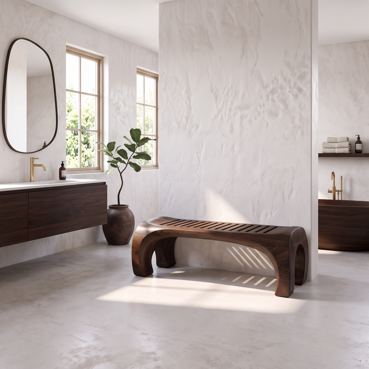Japandi Bath Bench With Slatted Seat And Balanced Minimal Form