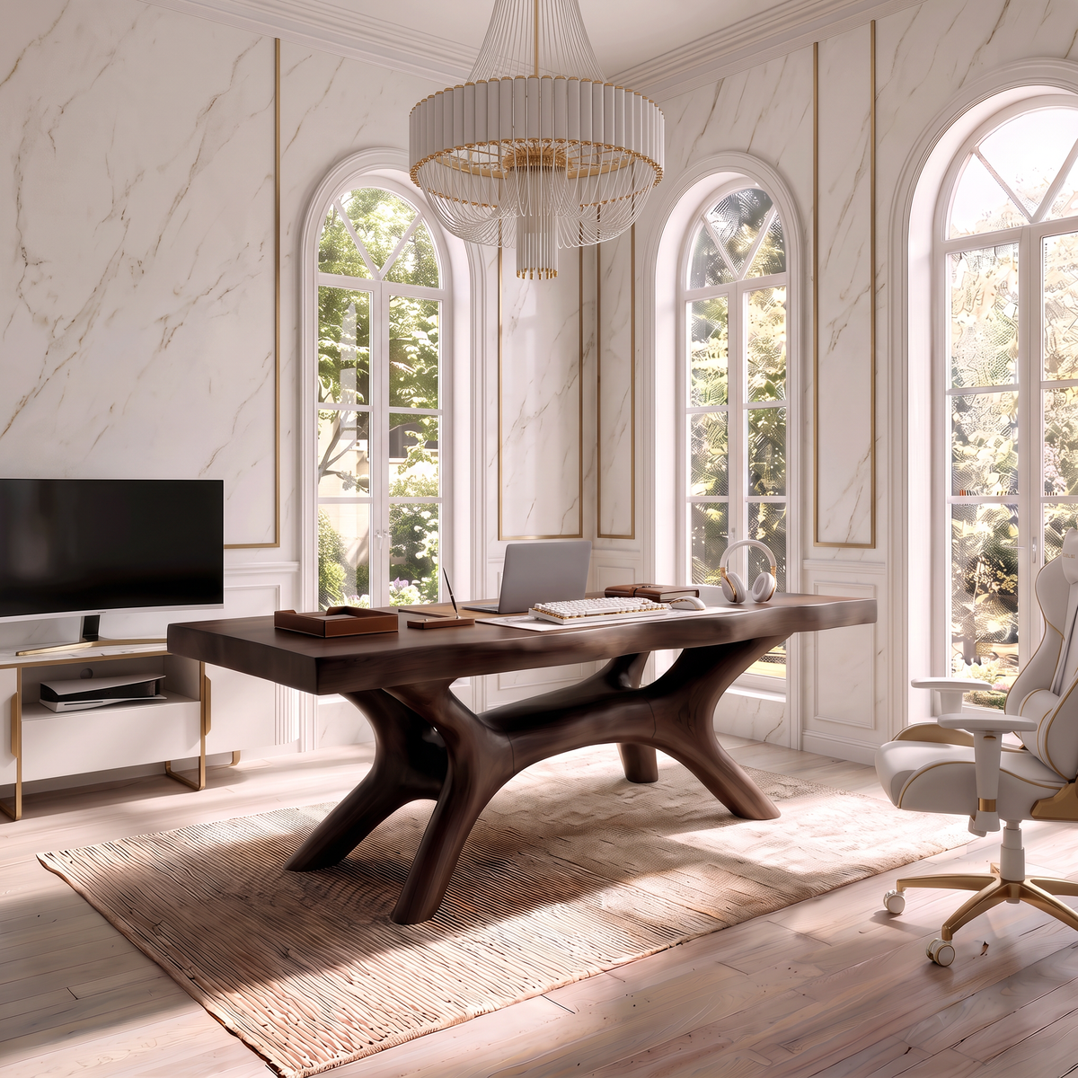 Rustic Dark Office Desk With Sculptural Arch Legs For Home Office