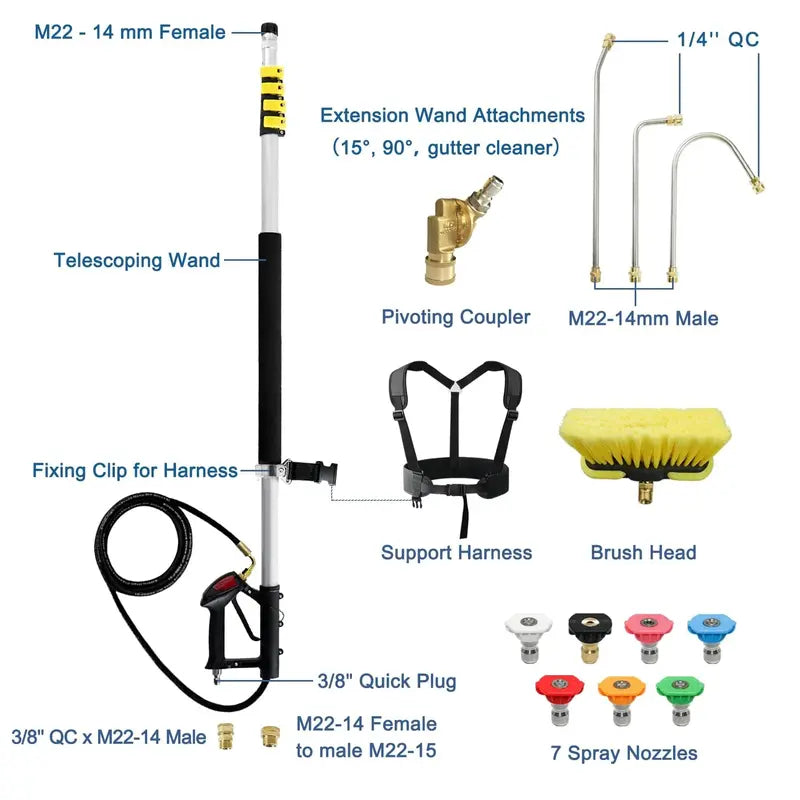 JANZ Telescoping Pressure Washer Wand, 24FT Aluminum With 7 Nozzles And Brush - TW-004