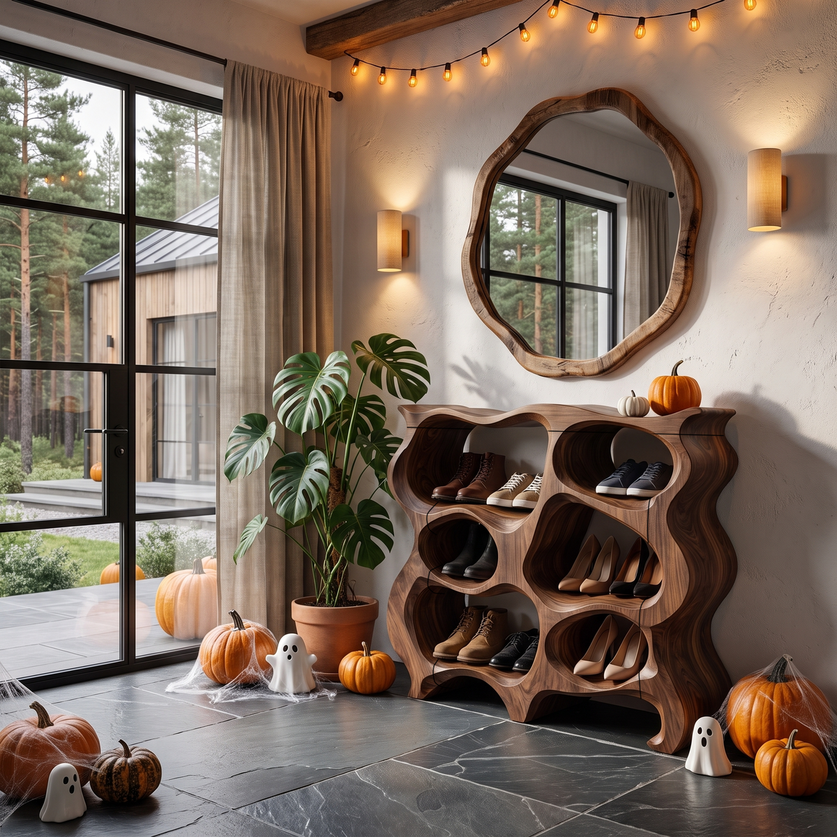 Rustic Halloween Multi Tier Shoe Rack With Carved Hollow Design For Entryway